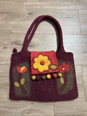 Rising Tide Maroon Floral Wool Shoulder Bag with Yellow Accent Zipper Close